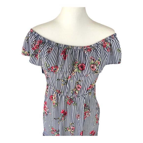 Soprano floral off shoulder striped ruffle‎ tiered cottagecore midi dress Sz S - Picture 3 of 11